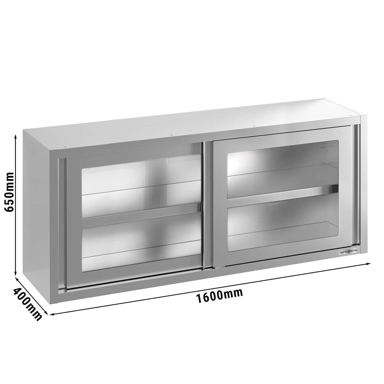 Stainless steel wall cabinet - 1600x400mm - with sliding glass door - 650mm high