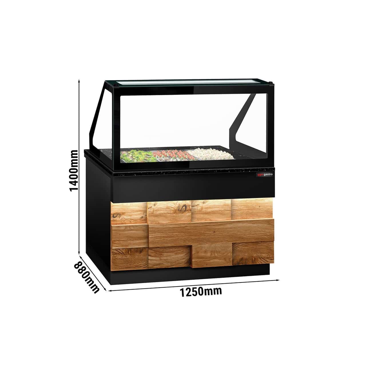 Saladette TORONTO - 1250mm - Holzfront - 2 Türen - für 3x GN 1/1t - schwarze Granit-Arbeitsplatte