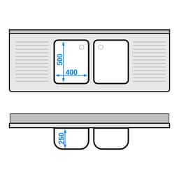 Spültisch PREMIUM - 1800x700mm - mit Grundboden & 2 Becken mittig