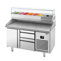 Pizza preparation table Premium PLUS - 1490x700mm - with 1 door & 2 drawers - incl. refrigerated display case - 6x GN 1/4