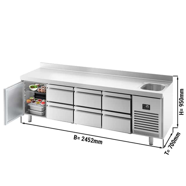 Refrigerated counter Premium PLUS- 2452x700mm - with 1 sink, 3 doors, 2 drawers & backsplash