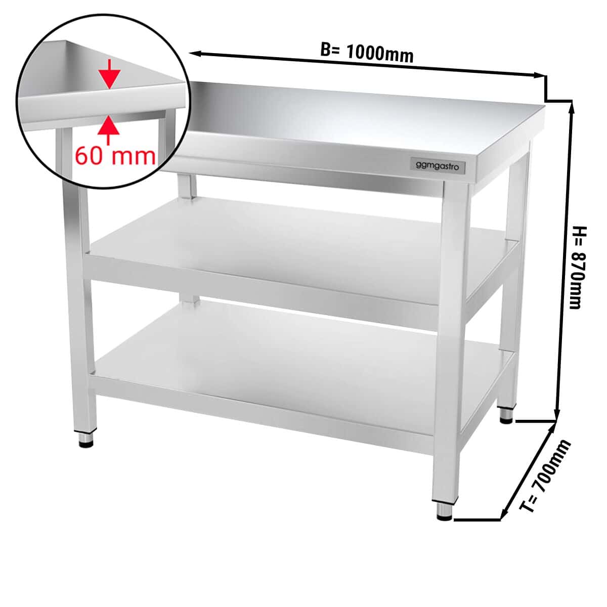 Edelstahl Arbeitstisch PREMIUM - 1000x700mm - mit Grundboden & Zwischenboden