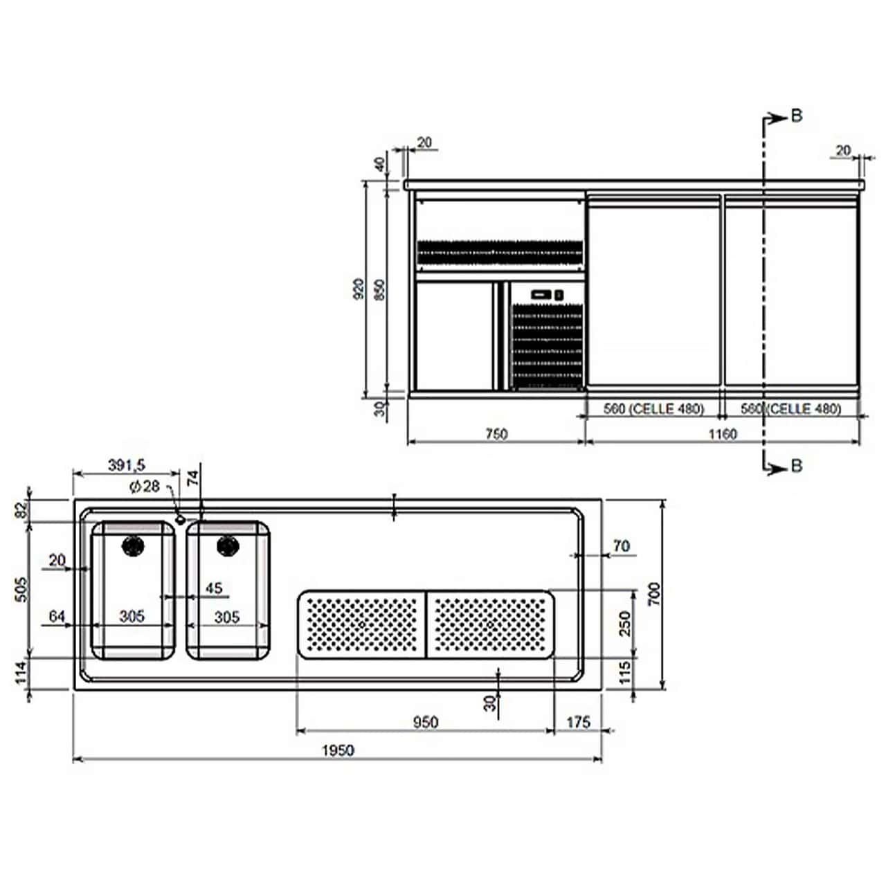 Biertheke Premium PLUS - 1950x700mm - 1 Tür & 2 Schubladen