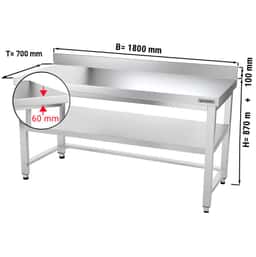 Edelstahl Arbeitstisch PREMIUM - 1800x700mm - mit Grundboden, Aufkantung & Verstrebung