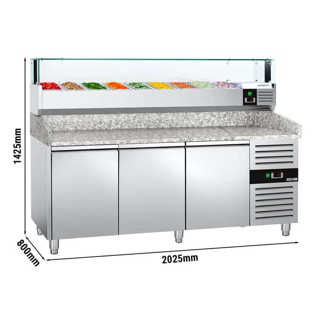 Pizzakühltisch PREMIUM - 2000x800mm - mit 3 Türen - inkl. Kühlaufsatzvitrine LED - 9x GN 1/3