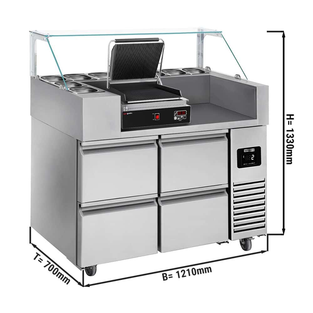 Zubereitungstisch - 1210mm - für 9x GN 1/6 - 4 Schubladen - inkl. Digitalem Kontaktgrill