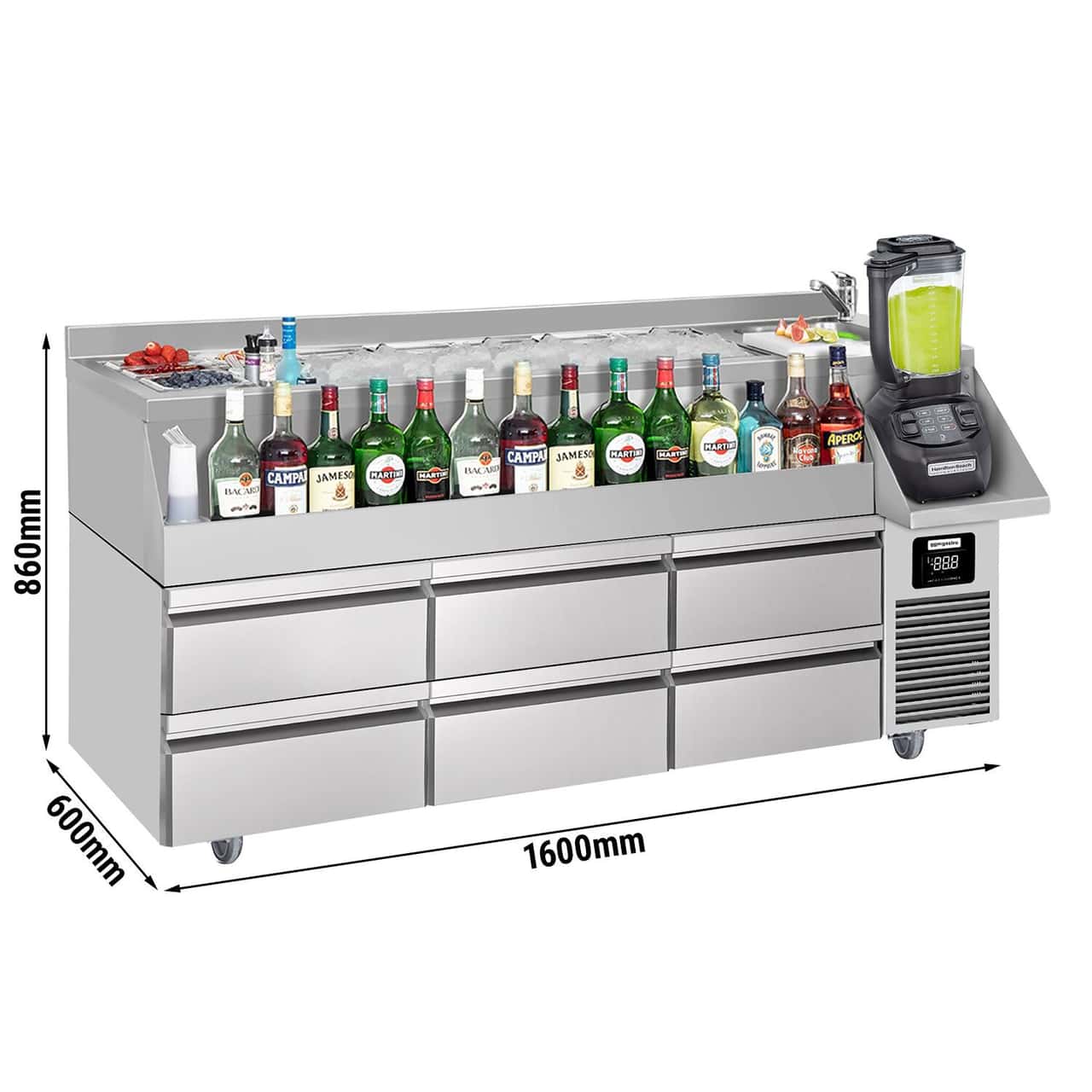 Bar- & Getränkekühltisch - 1600x600mm - 235 Liter - mit 6 Schubladen & Ablagen