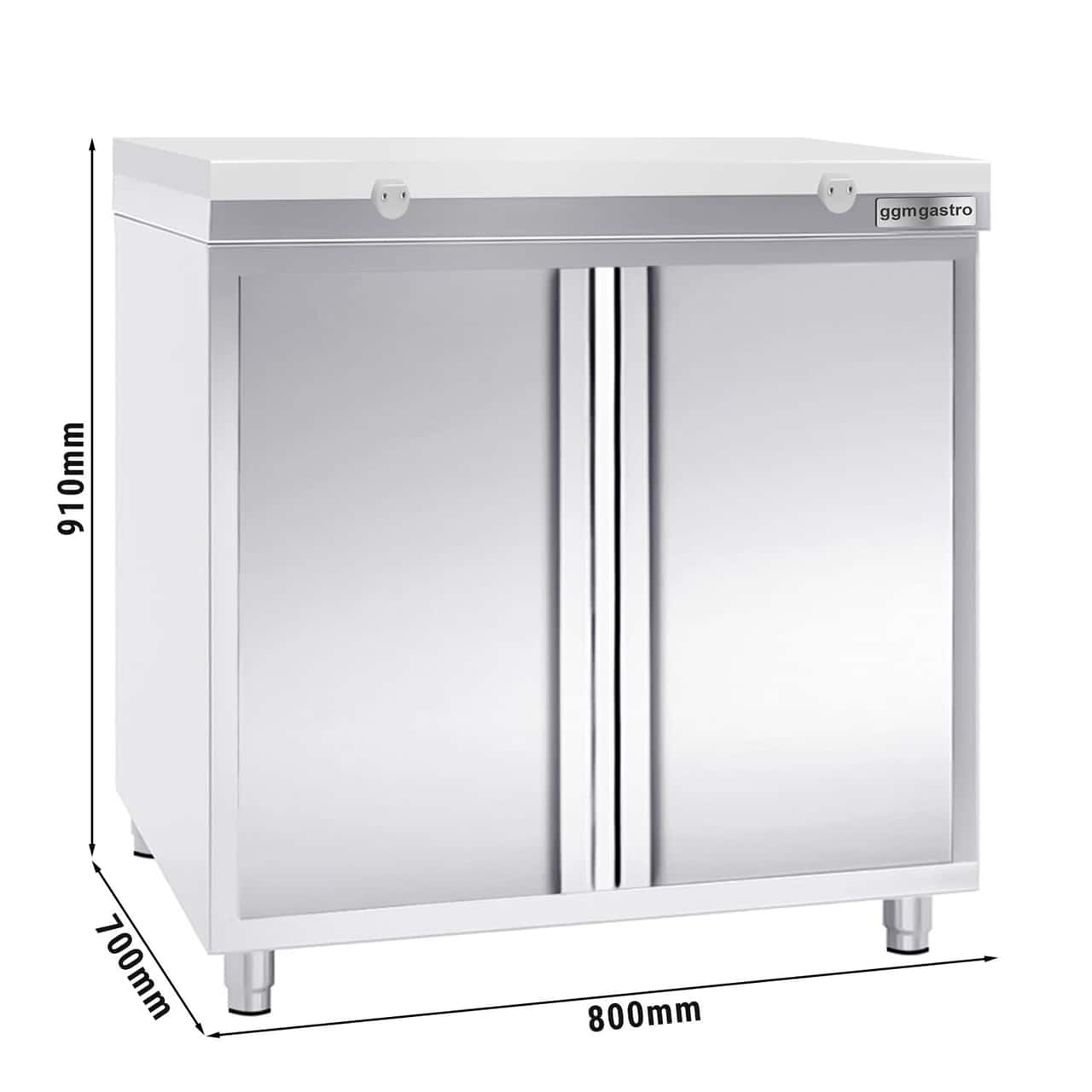 Stainless steel work cabinet PREMIUM - 800x700mm - with hinged door without backsplash incl. cutting plate