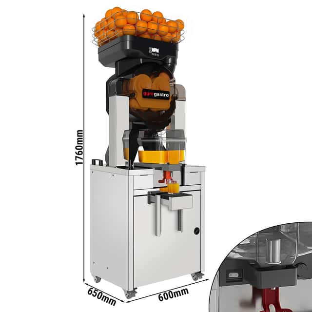 Elektrische Orangenpresse - mit Kühlung, automatischer Fruchtzufuhr, Saftspeicher, Reinigungsmodus & Untergestell - Schwarz