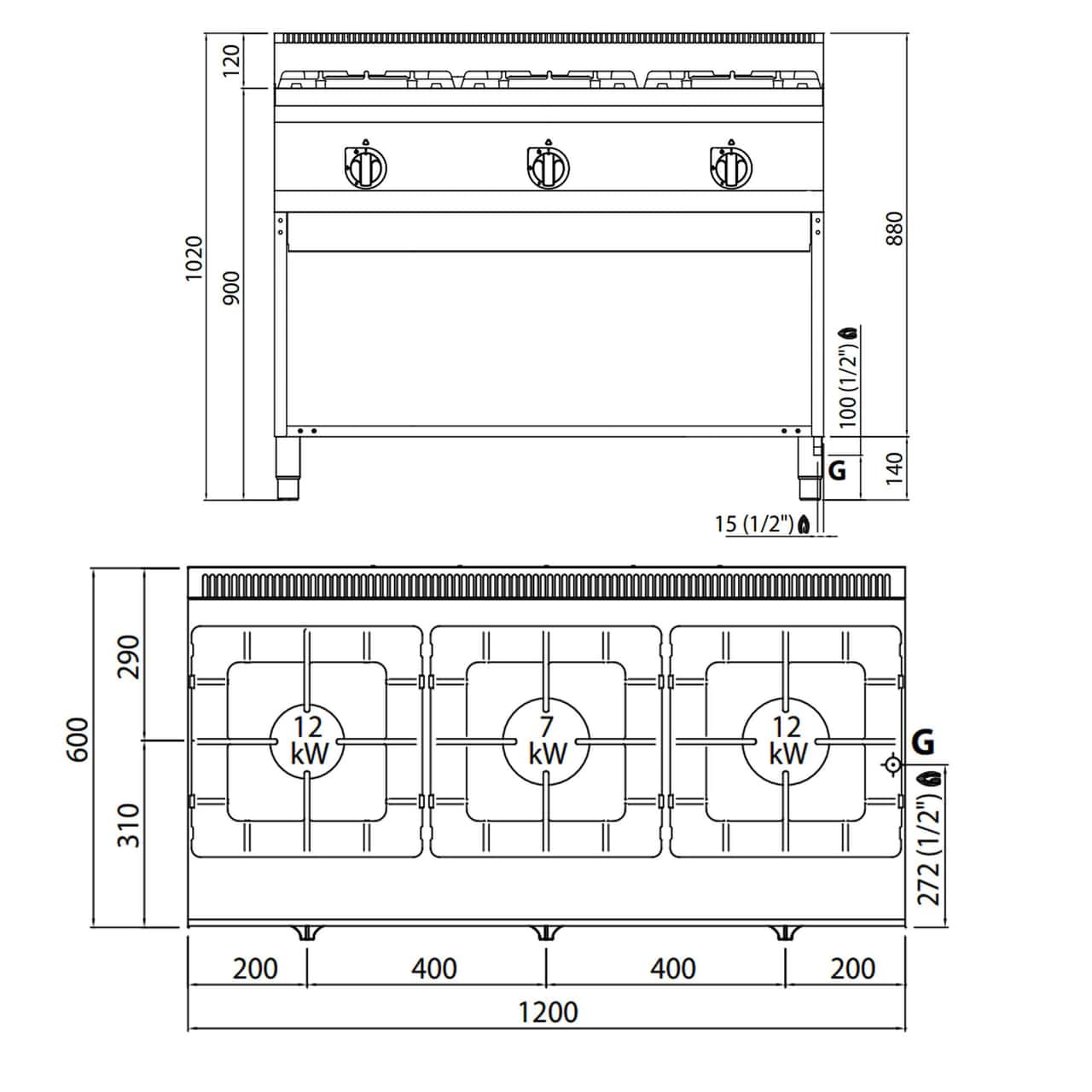 Gasherd - 31 kW - 3 Brenner