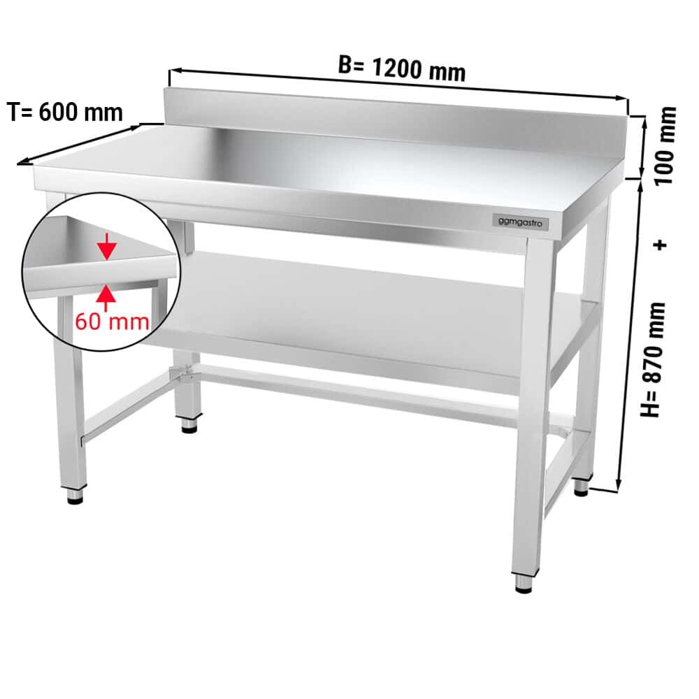 Edelstahl Arbeitstisch PREMIUM - 1200x600mm - mit Grundboden, Aufkantung & Verstrebung