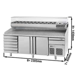 Pizza preparation table Premium PLUS- 2305x800mm - with 2 doors & 6 drawers- incl. refrigerated display case - 11x GN 1/4