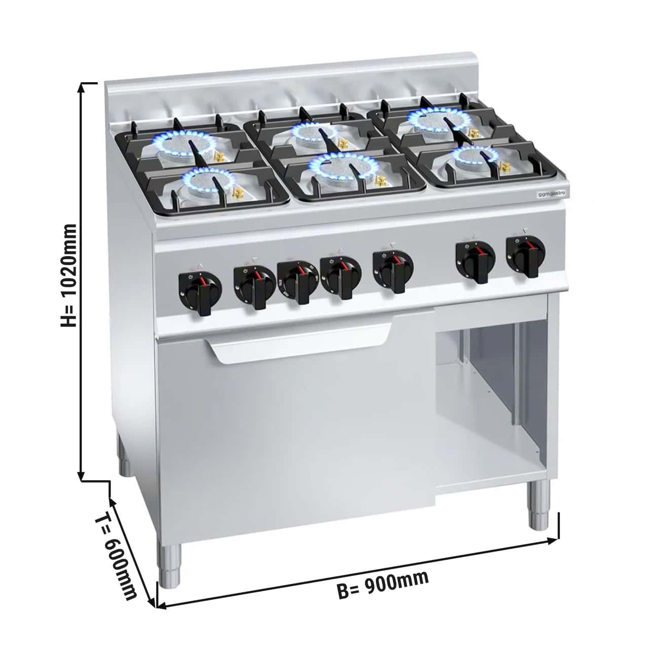 Gasherd - 28,5 kW - 6 Brenner - Elektro Umluftofen - 3 kW