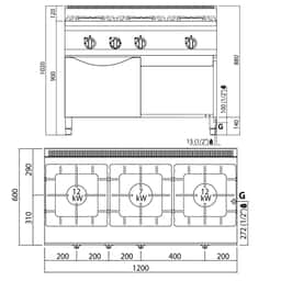 Plynový sporák se3 hořáky (34,5 kW) vč. plynové trouby statické (3,5 kW)