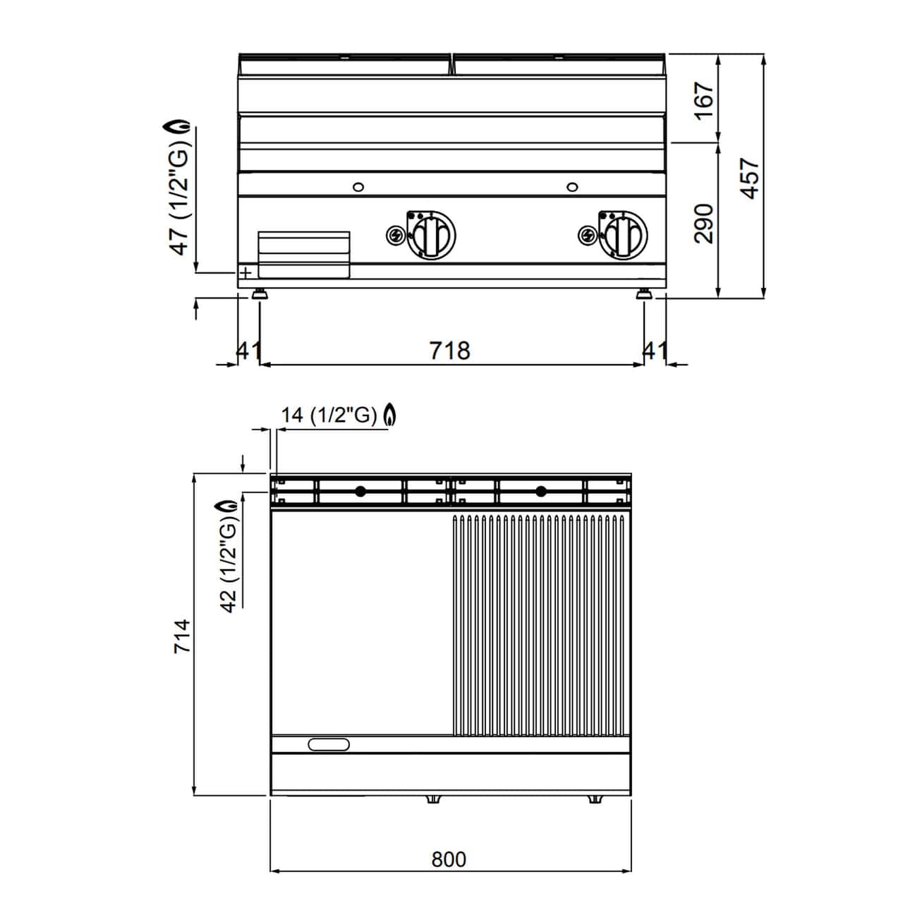 Gas Bratplatte - 13,8 kW - Glatt & Gerillt