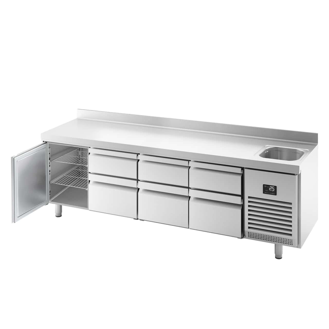 Refrigerated counter Premium PLUS - 2452x700mm - with 1 sink, 3 doors, 3 drawers & backsplash