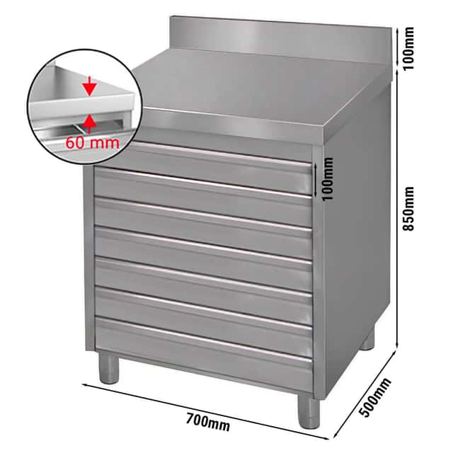 Schubladenschrank ECO mit 6 Schubladen für Pizzateigbällchen & Aufkantung - 700x500mm