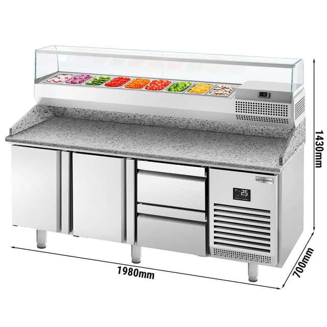 Pizza preparation table Premium PLUS - 1980x700mm - with 2 doors & 2 drawers - incl. refrigerated display case - 9x GN 1/4