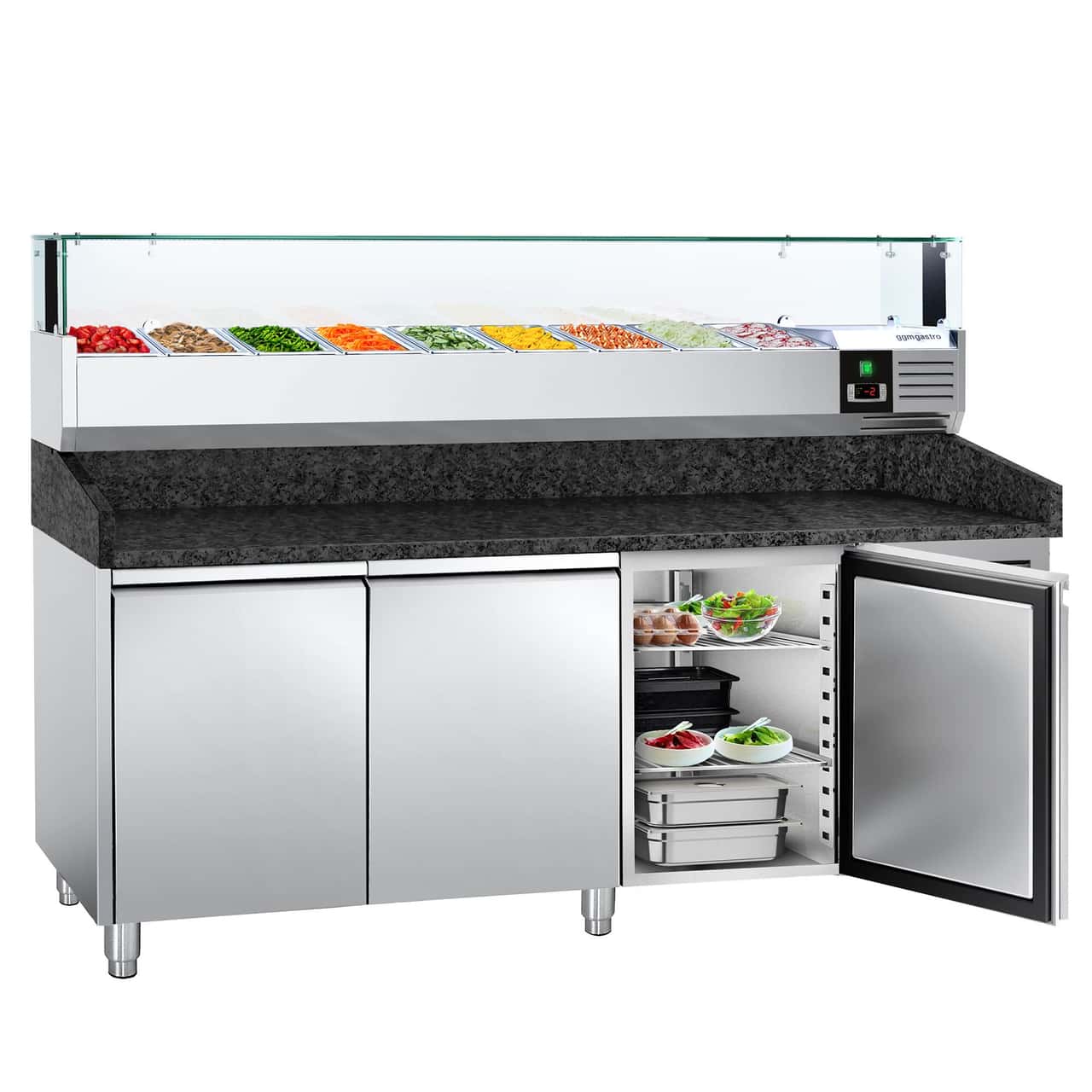 Pizzakühltisch PREMIUM - 2000x800mm - mit 3 Türen - inkl. Kühlaufsatzvitrine LED - 9x GN 1/3