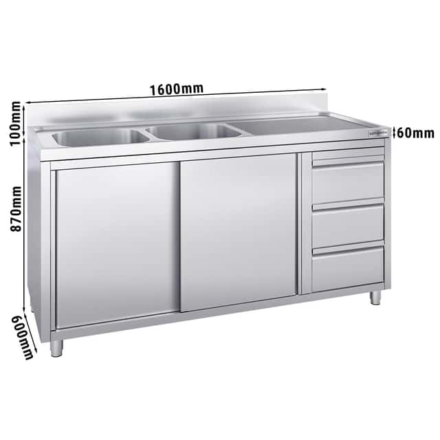 Spülschrank - 1600x600mm - mit 3 Schubladen & 2 Becken links