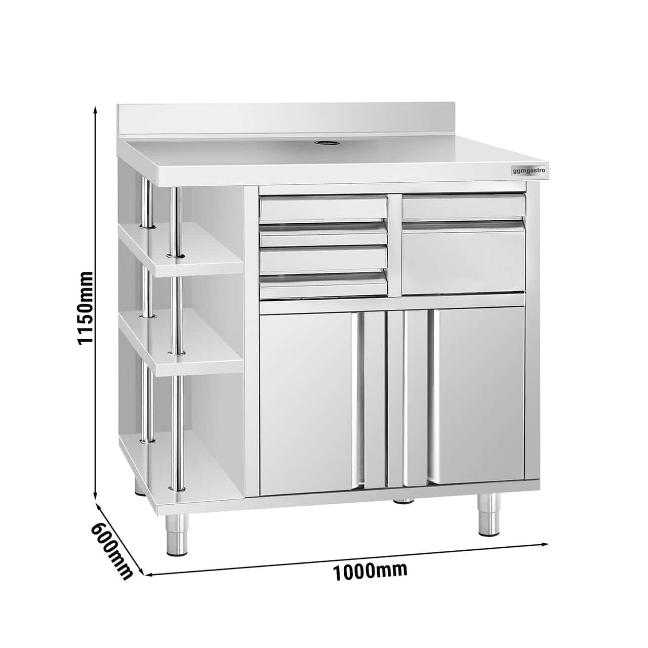 Arbeitsschrank - für Kaffeemaschine - 1000x600mm - mit Ausklopfer, 2 Schubladen, 2 Türen & Aufkantung