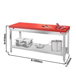 Edelstahl Arbeitstisch PREMIUM - 2000x800mm - mit Grundboden ohne Aufkantung inkl. Schneideplatte