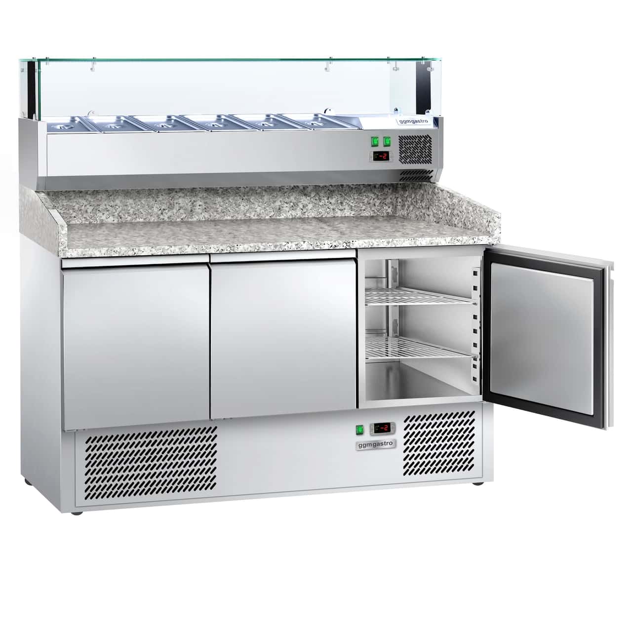 Pizza cooling table ECO - 1400x700mm - with 3 doors - incl. refrigerated display case - 6x GN 1/4