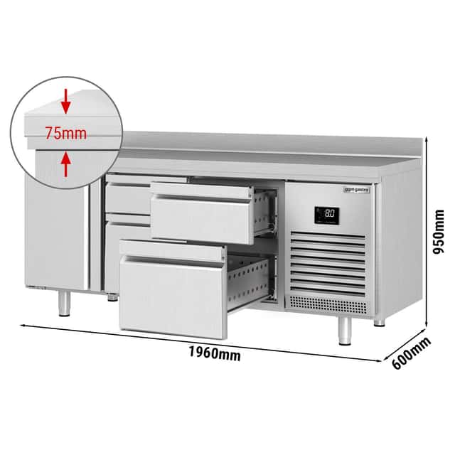 Kühltisch Premium PLUS - 1960x600mm - mit 1 Tür & 4 Schubladen & mit Aufkantung