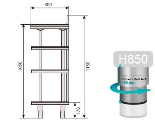 Edelstahl Bar-Arbeitstisch mit 4 Ablagen 1000x300