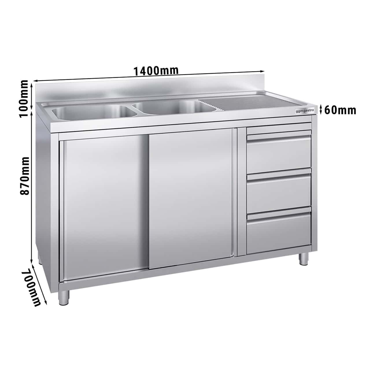 Spülschrank - 1400x700mm - mit 3 Schubladen & 2 Becken links