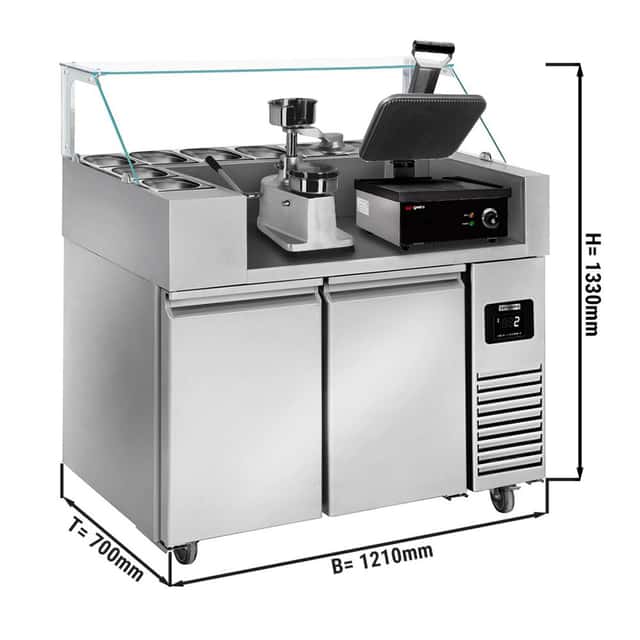 Zubereitungstisch - 1210mm - für 9x GN 1/6 - 2 Türen - inkl. Kontaktgrill & Hamburgermaschine