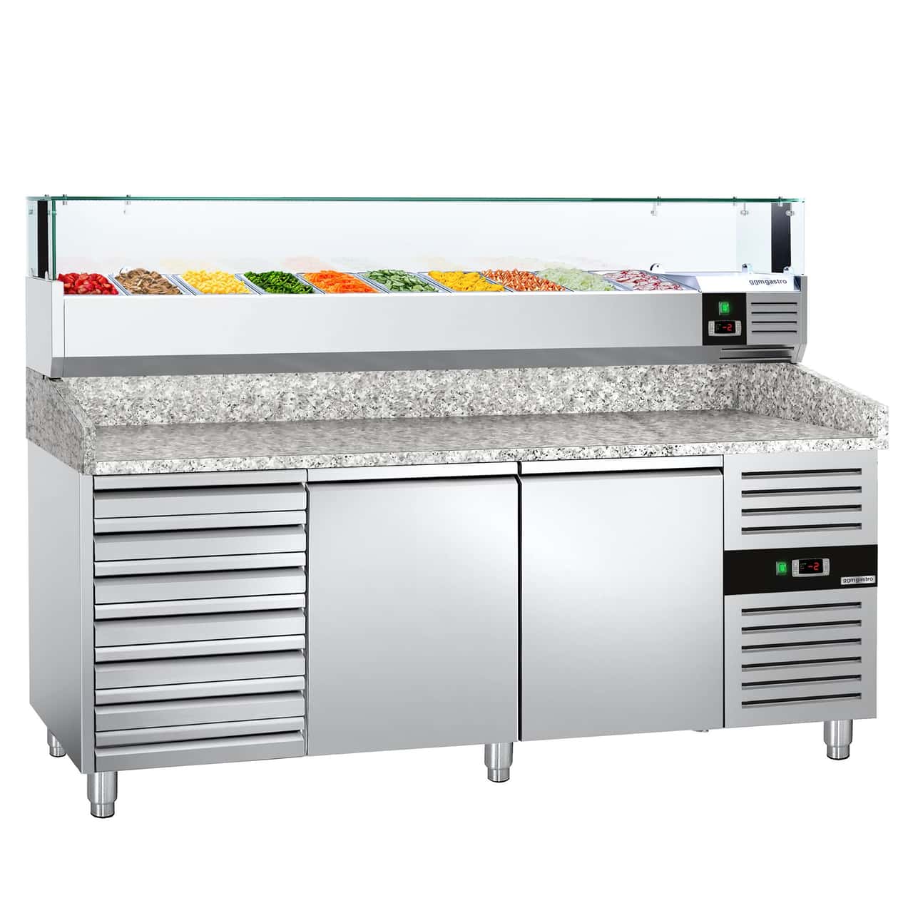 Pizzakühltisch PREMIUM - 2000x800mm - mit 2 Türen & 7 Schubladen - inkl. Kühlaufsatzvitrine LED - 10x GN 1/4