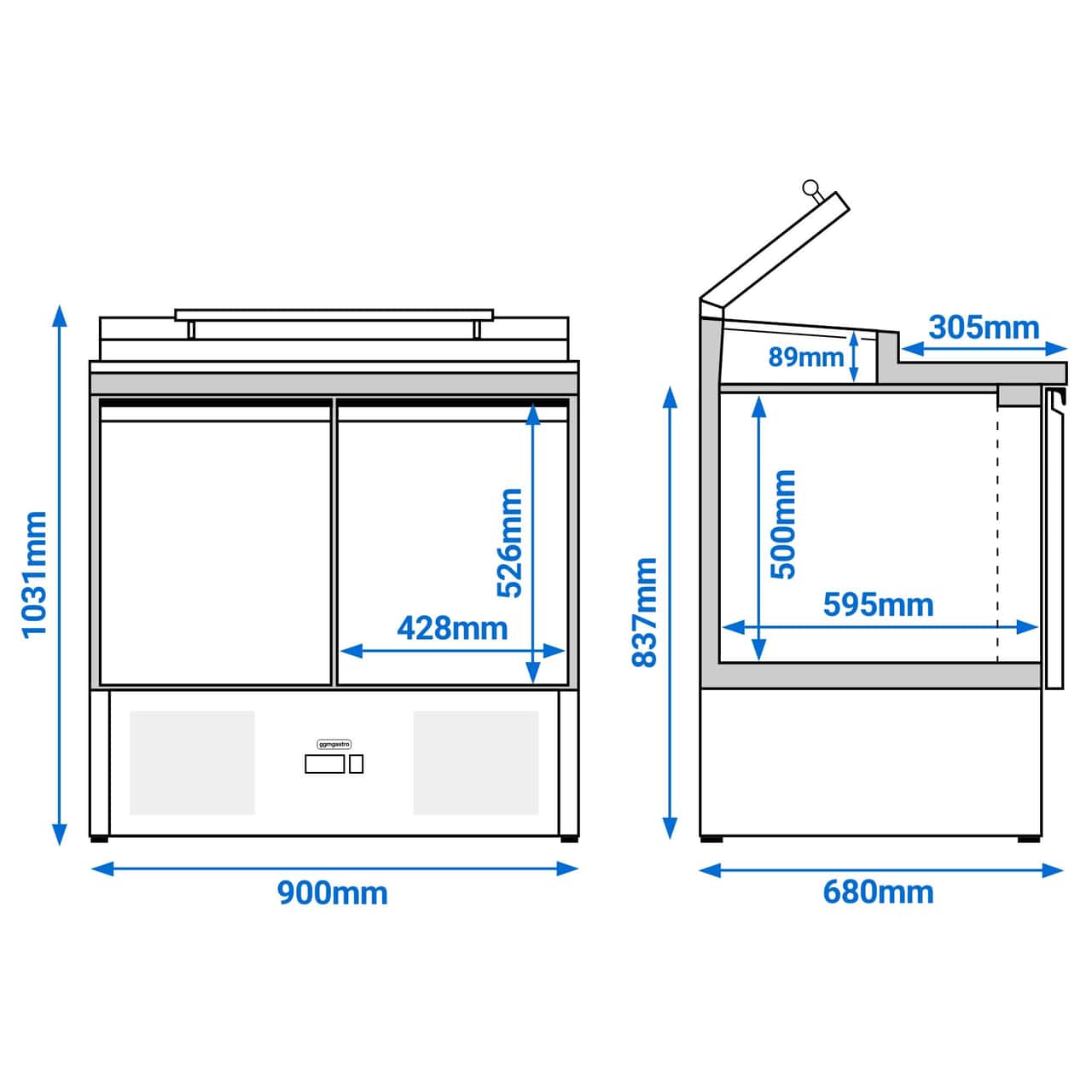 Saladette PREMIUM - 900mm - 2 Türen - für 4x GN 1/3 - Glasdeckel