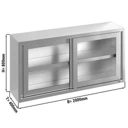 Stainless steel wall cabinet - 2000x400mm - with sliding glass door - 800mm high