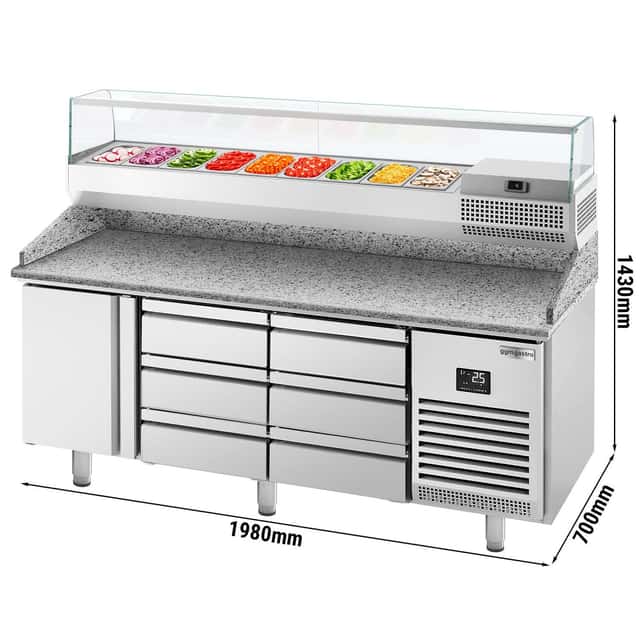 Pizza preparation table Premium PLUS- 1980x700mm - with 1 door & 6 drawers - incl. refrigerated display case - 9x GN 1/4