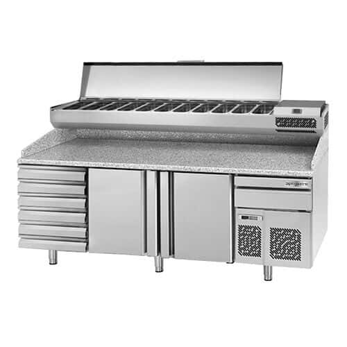 Pizza preparation table Premium PLUS- 2305x800mm- with 2 doors & 6 drawers - incl. refrigerated display case - 11x GN 1/4