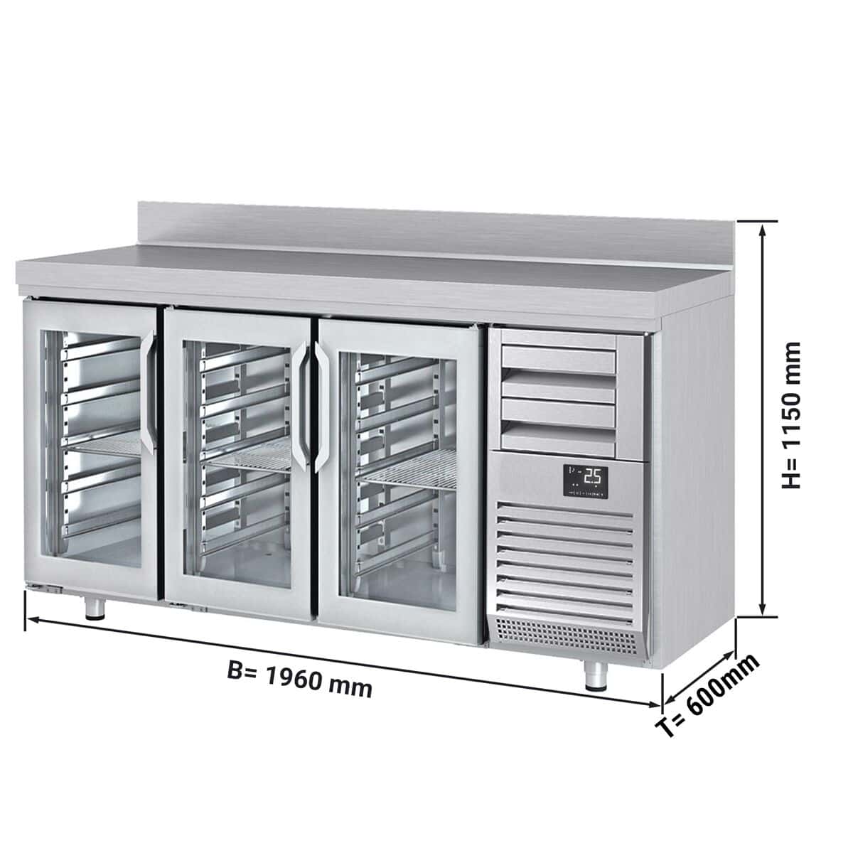 Bar- & Getränkekühltisch Premium PLUS - 1960x600mm - mit 3 Glastüren, 2 Schubladen & Aufkantung