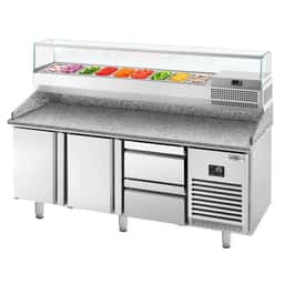 Pizza preparation table Premium PLUS - 1980x700mm - with 2 doors & 2 drawers - incl. refrigerated display case - 9x GN 1/4