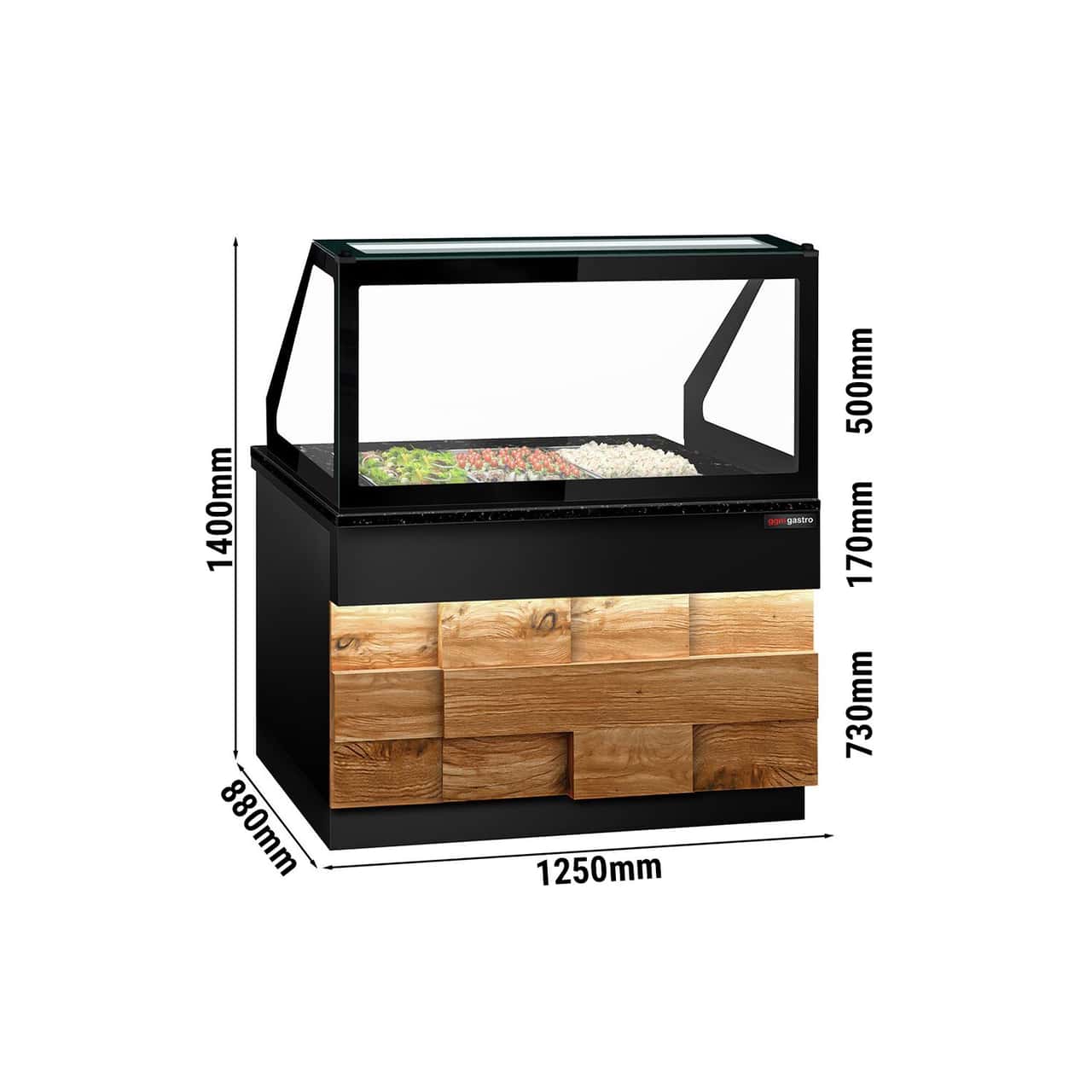 Saladette TORONTO - 1250mm - Holzfront - 2 Türen - für 3x GN 1/1t - schwarze Granit-Arbeitsplatte