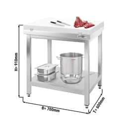 Edelstahl Arbeitstisch PREMIUM - 700x600mm - mit Grundboden ohne Aufkantung inkl. Schneideplatte