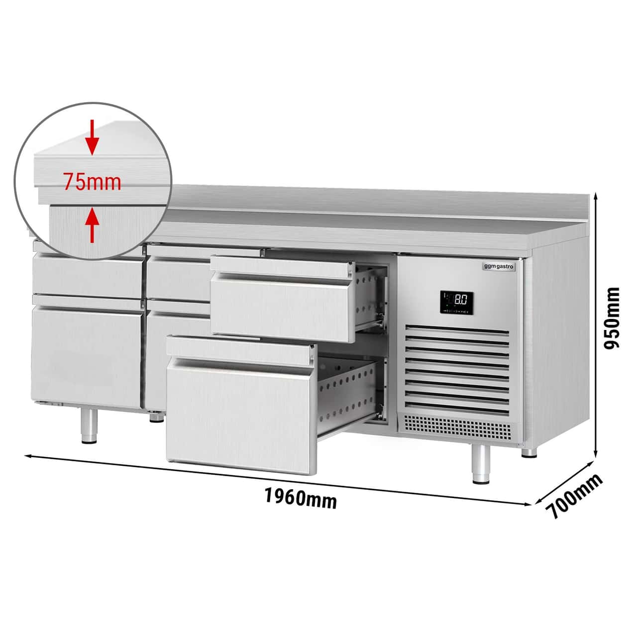 Kühltisch Premium PLUS - 1960x700mm - 6 Schubladen & Aufkantung