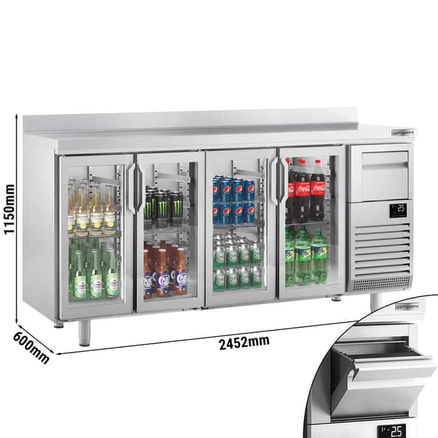 Bar- & Getränkekühltisch Premium PLUS - 2450x600mm - mit 4 Glastüren, Aufkantung & Ausklopfer für Kaffee