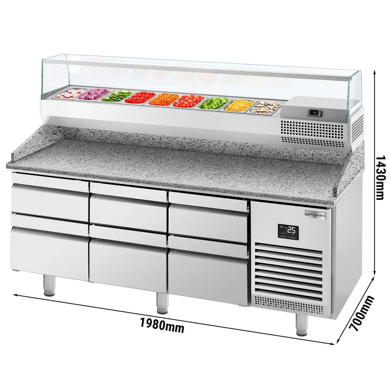 Pizza preparation table Premium PLUS- 1980x700mm - with 6 drawers - incl. refrigerated display case - 9x GN 1/4