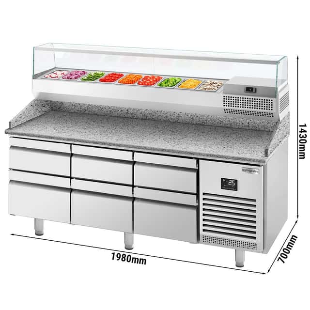 Pizza preparation table Premium PLUS- 1980x700mm - with 6 drawers - incl. refrigerated display case - 9x GN 1/4