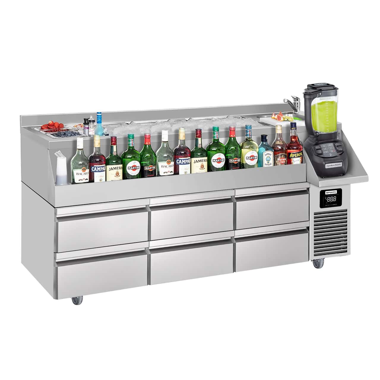 Bar- & Getränkekühltisch - 1600x600mm - 235 Liter - mit 6 Schubladen & Ablagen