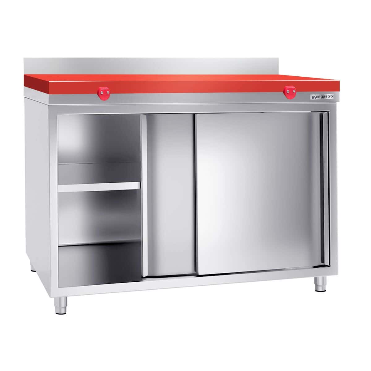 Stainless steel work cabinet - 1.2 m - with sliding door & backsplash incl. cutting plate in red