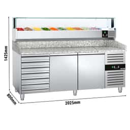 Pizzakühltisch PREMIUM - 2000x800mm - mit 2 Türen & 7 Schubladen - inkl. Kühlaufsatzvitrine LED - 10x GN 1/4