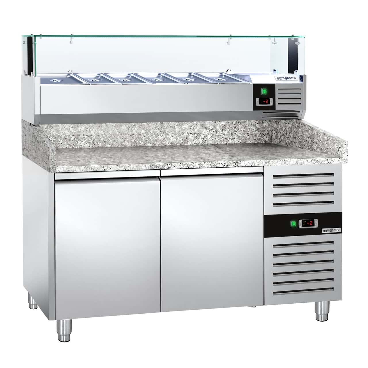 Pizzakühltisch PREMIUM - 1500x800mm - mit 2 Türen - inkl. Kühlaufsatzvitrine LED - 5x GN 1/3 + 1x GN 1/2