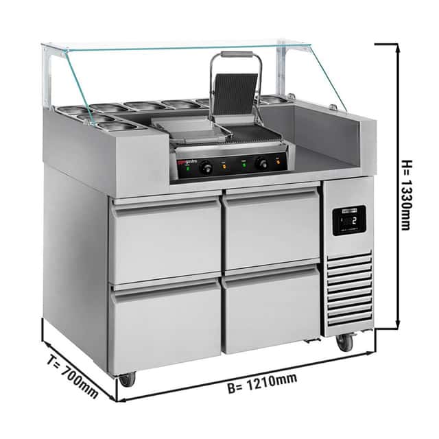 Zubereitungstisch - 1210mm - für 9x GN 1/6 - 4 Schubladen - inkl. Kontaktgrill