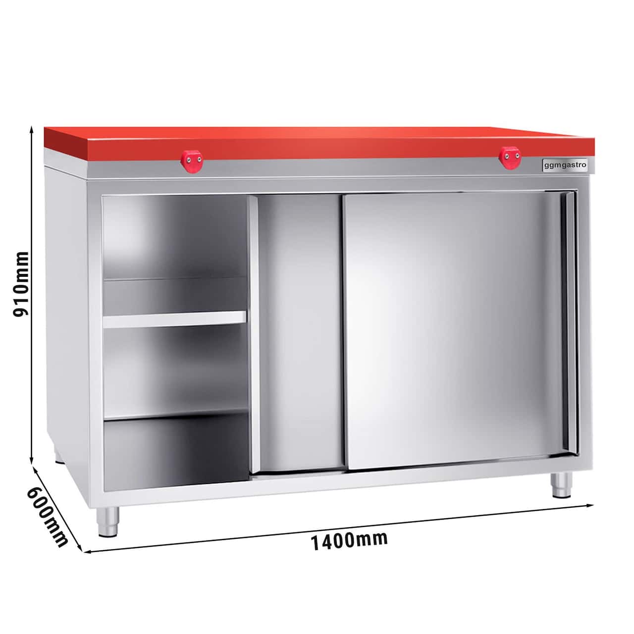 Stainless steel work cabinet PREMIUM - 1400x600mm - with sliding door without backsplash incl. cutting plate